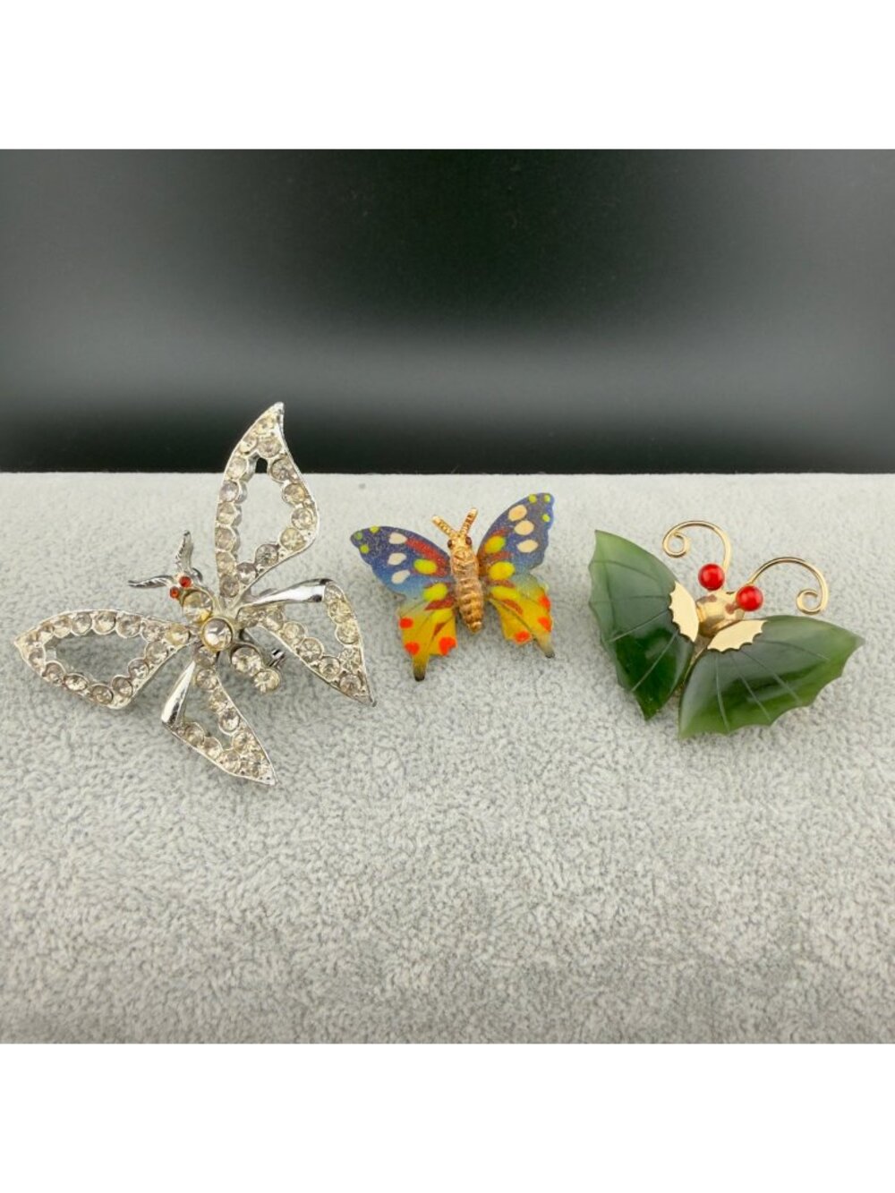 Set Of 3 Vintage Butterfly Brooch Pins Rhinestones Enamel Green Stone